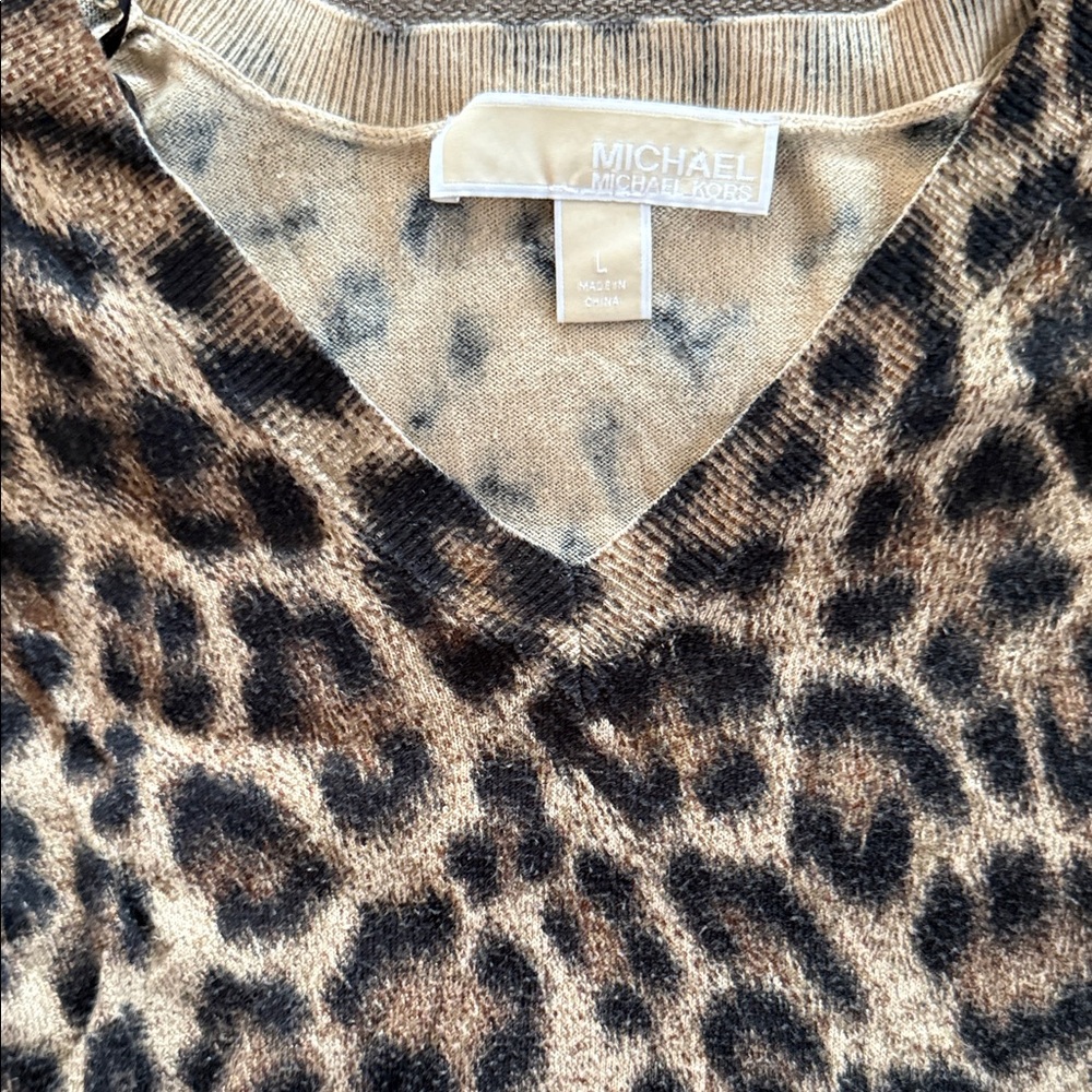 Michael Kors Brown Leopard V-Neck Sweater - Picture 2 of 2
